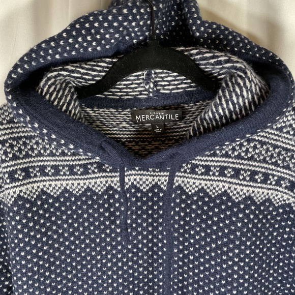 JCrew Mercantile Lambs Wool Blend Hoodie Men’s Large Blue Fair Isle Winter Warm - Picture 2 of 6